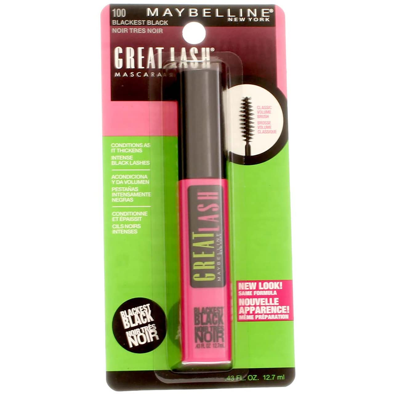 Maybelline Great Lash Washable Mascara Makeup, Volumizing Lash-Doubling Formula That Conditions As It Thickens, Blackest Black, 1 Count